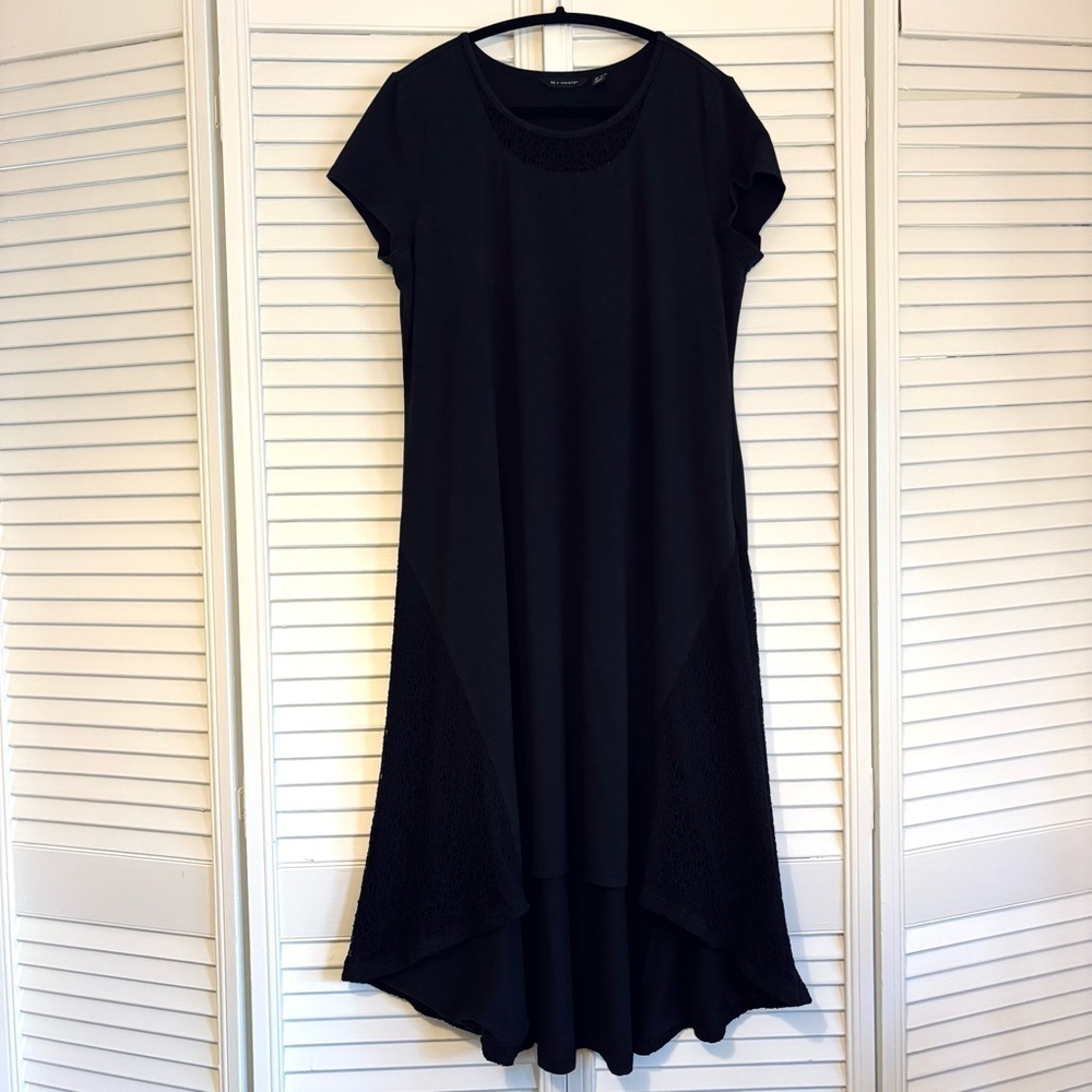 H by Halston Black High Low Midi Dress Short Sleeve Lace Panel Medium Petite